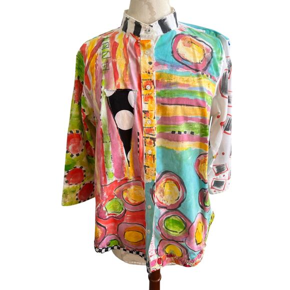 Mona! Handpainted Art To Wear Abstract Button Up Top No Size Tag - Picture 1 of 9